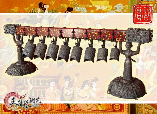 8件古編鐘，銅人銅座裝飾，可發(fā)音